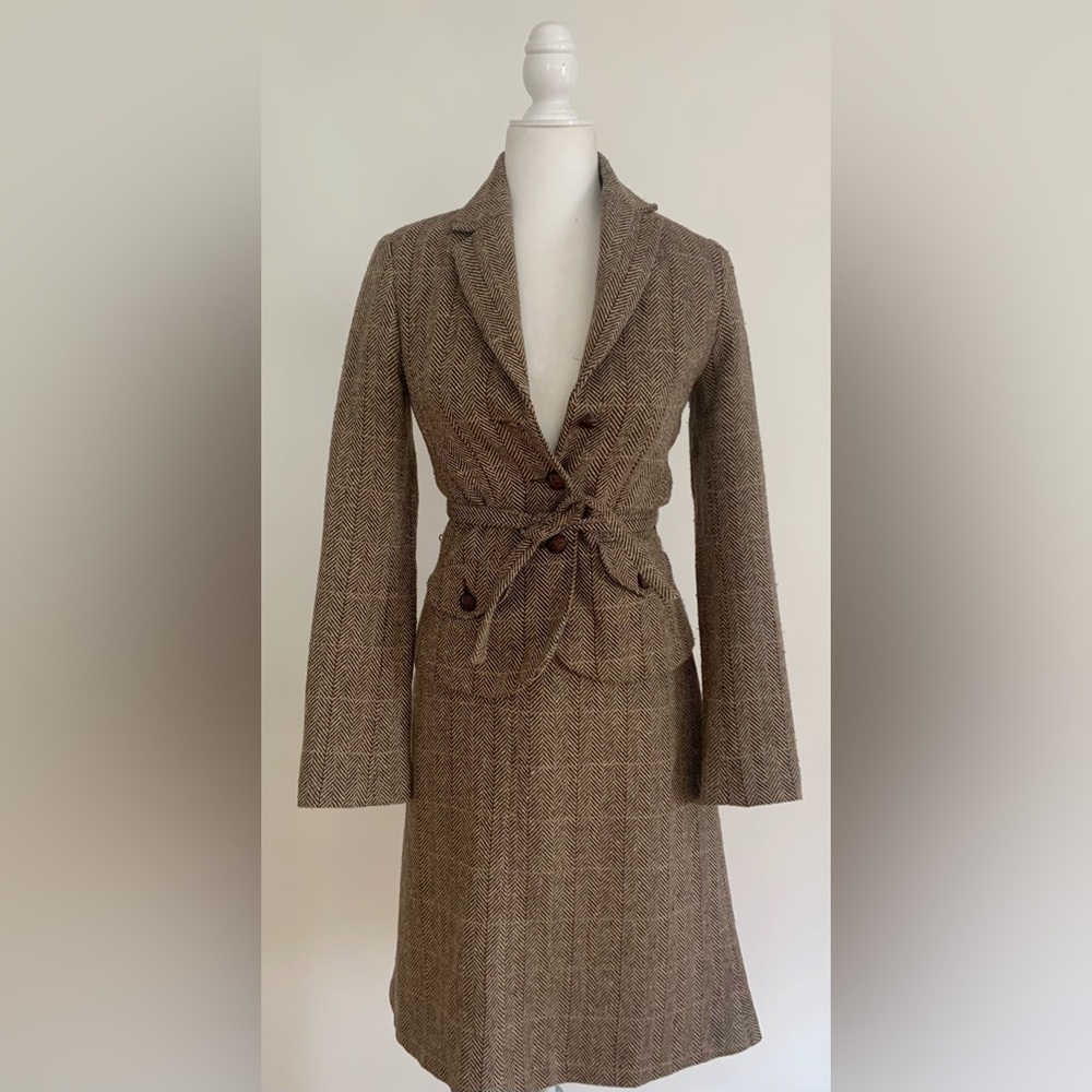 H&M Plaid wool blend belted skirt suit size 4